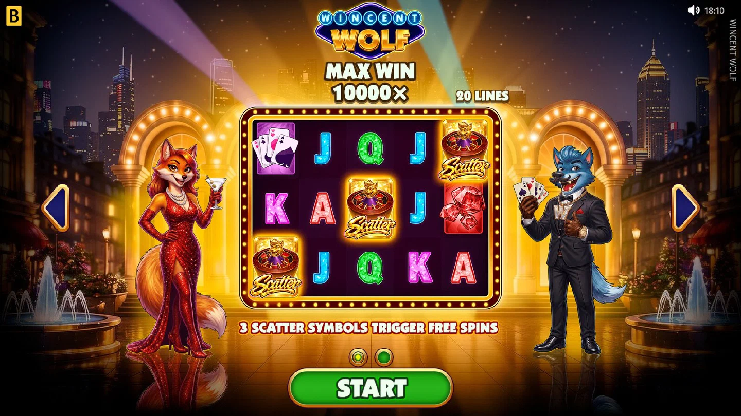 The Wincent Wolf intro screen with the MAX WIN 10000x badge and the 20 LINES label above the reels