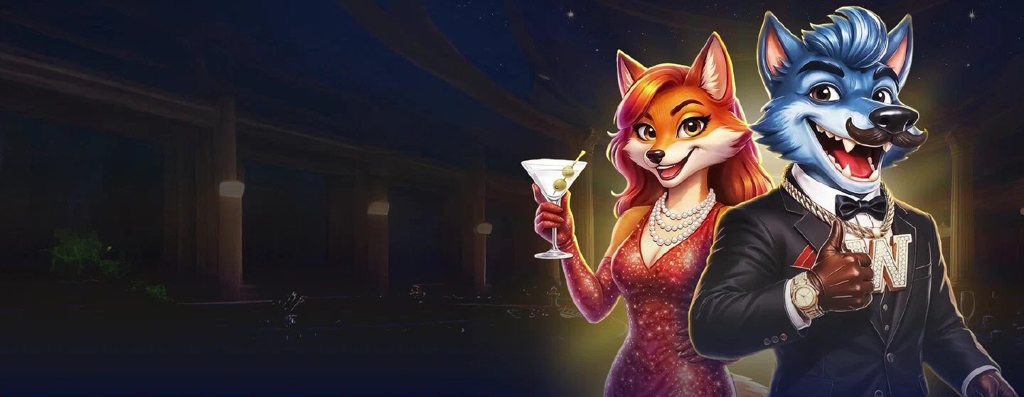 The wide Wincent Wolf banner: Scarlett Fox in a red sequin dress with a martini beside the wolf in a black dinner jacket and a diamond W pendant