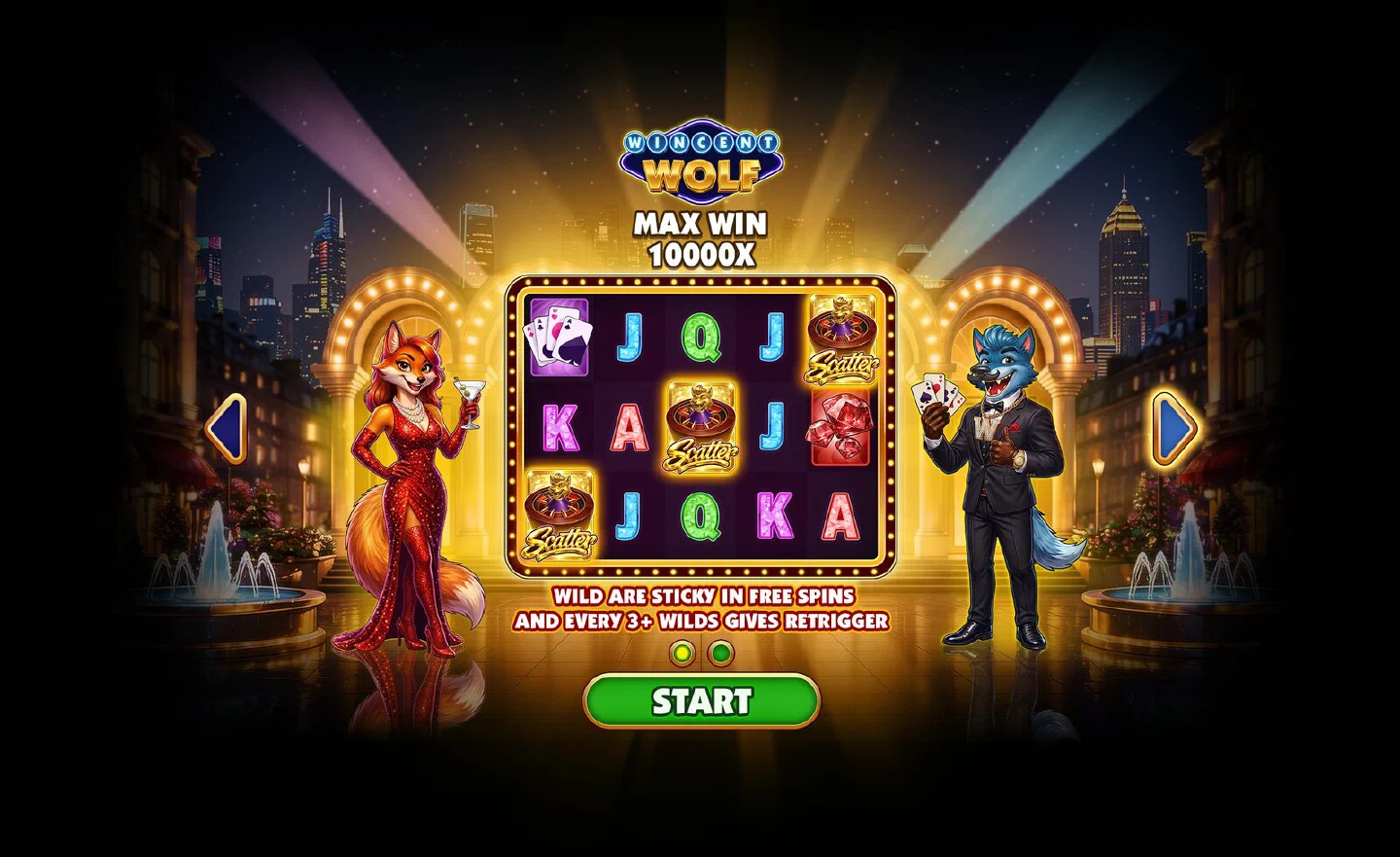 The Wincent Wolf intro screen: the MAX WIN 10000X badge above the reels, Scarlett Fox in red on the left and the wolf in a black dinner jacket on the right