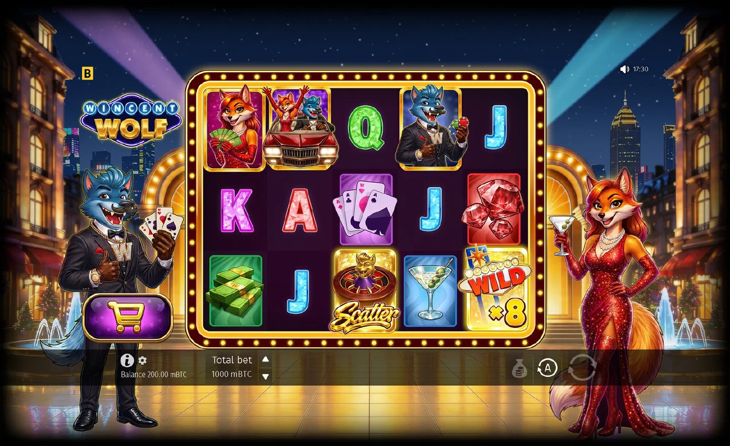 The Wincent Wolf base game: the 5x3 grid with the Scatter and a multiplier Wild in view, and the purple purchase cart on the left beside the reels